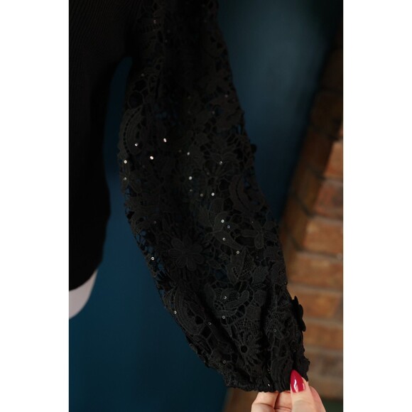 NWT French Connection Black Loa Joss Sequin Balloon Lace Sleeve V Neck Sweater - Picture 7 of 11
